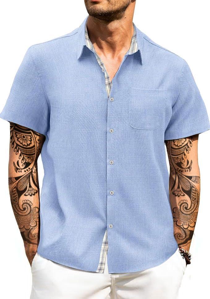 HUNGSON Men's Button Down Shirts Short Sleeve Casual Shirts Summer Beach with Pocket (X-Large, Blue2025)
