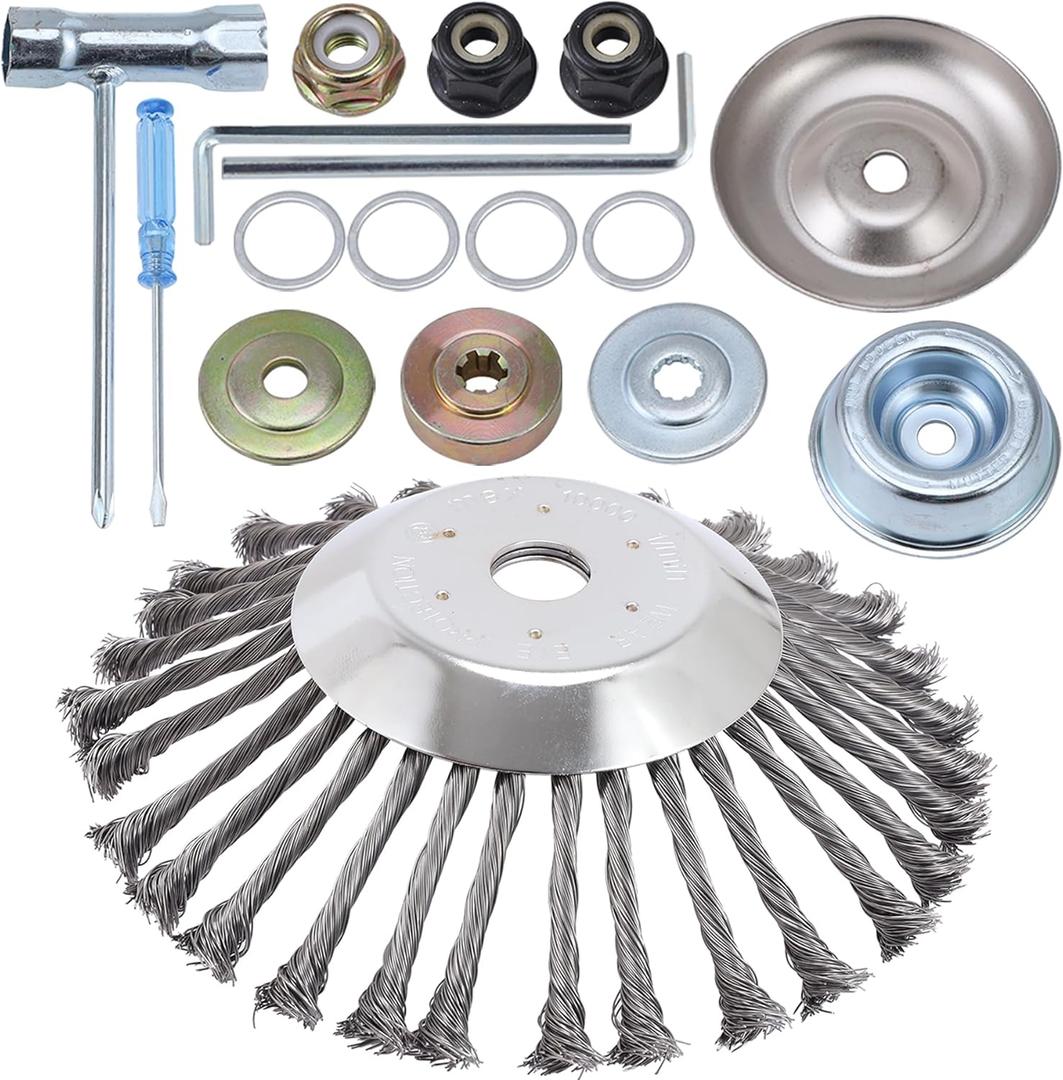 10 Inch Rotary Steel Wire Brush Cutter Trimmer Head Weed Blade Cutter with Adapter Kit Compatible with Stihl, Husqvarna,String Trimmers, Gardening Lawnmower, Moss Grass Rust Removal