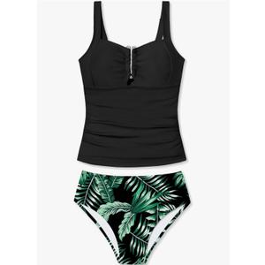 Girls Swimsuit Two Piece U-Shaped Ring Linked Cutout Ruched Tankini for Girls Bathing Suit Tropical Swim Shorts 13-14Y