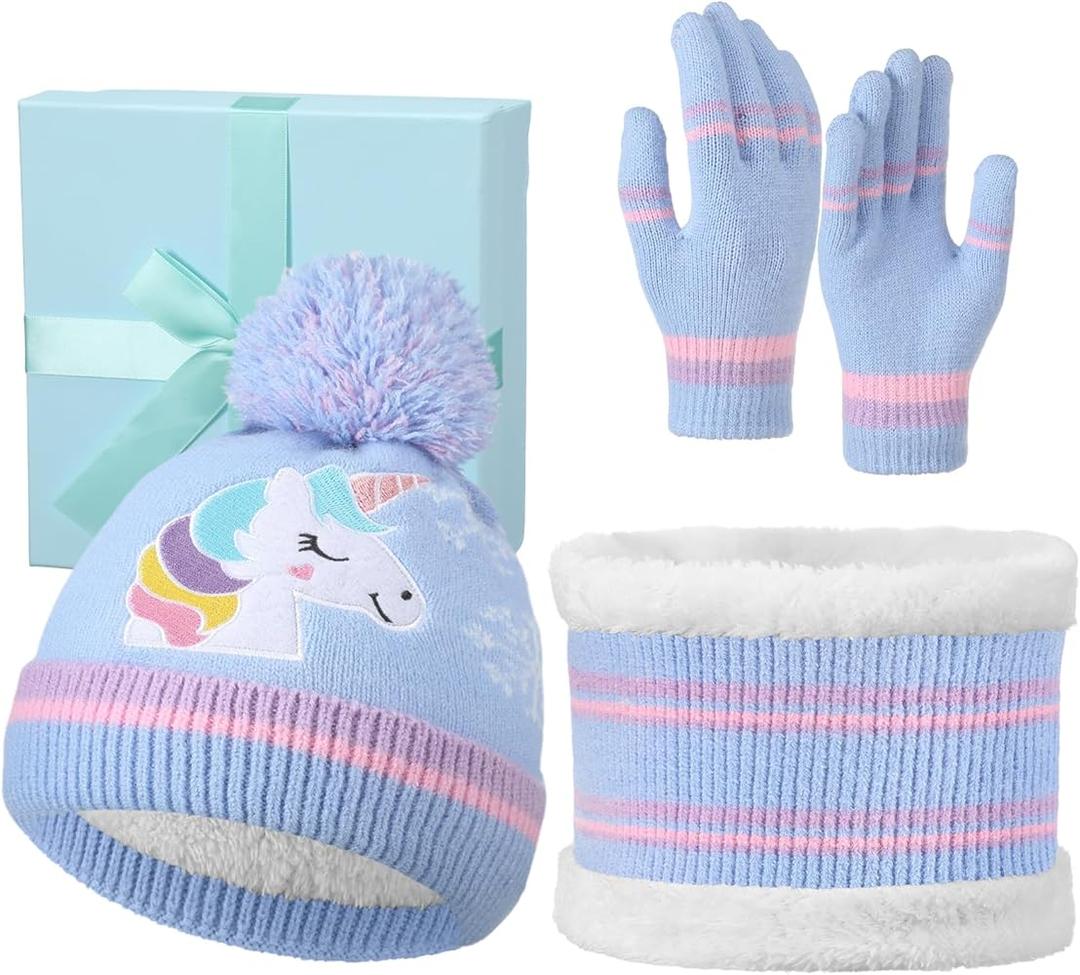 Cutecrop 3 Set Unicorn Kids Toddlers Winter Knit Hat Scarf Gloves Set for Boys Girls Age 4-7 Pompom Hat Mittens Scarves