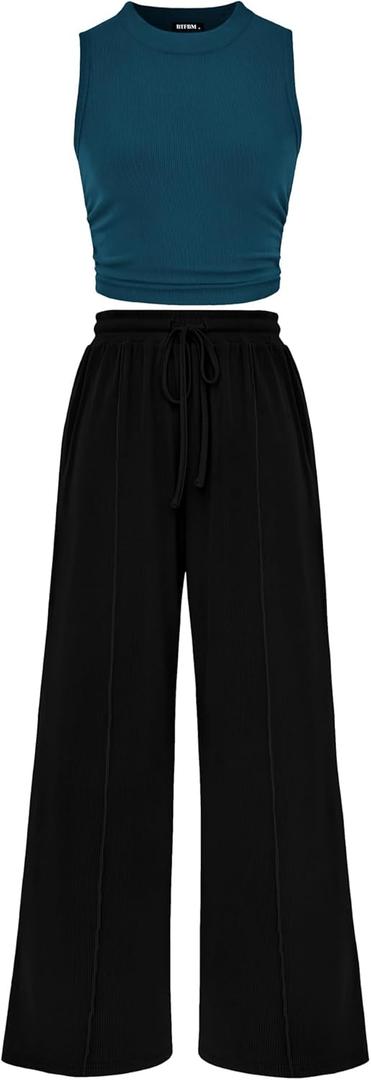 BTFBM Summer Outfits For Women 2026 Ribbed Sleeveless Tank Tops Wide Leg Pants 2 Piece Sets Lounge Set Clothing (Medium, Lake Blue Black)
