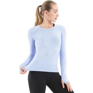 MathCat Seamless Workout Shirts for Women Long Sleeve Yoga Tops Sports Running Shirt Breathable Athletic Top Slim Fit (Medium, Wathet)