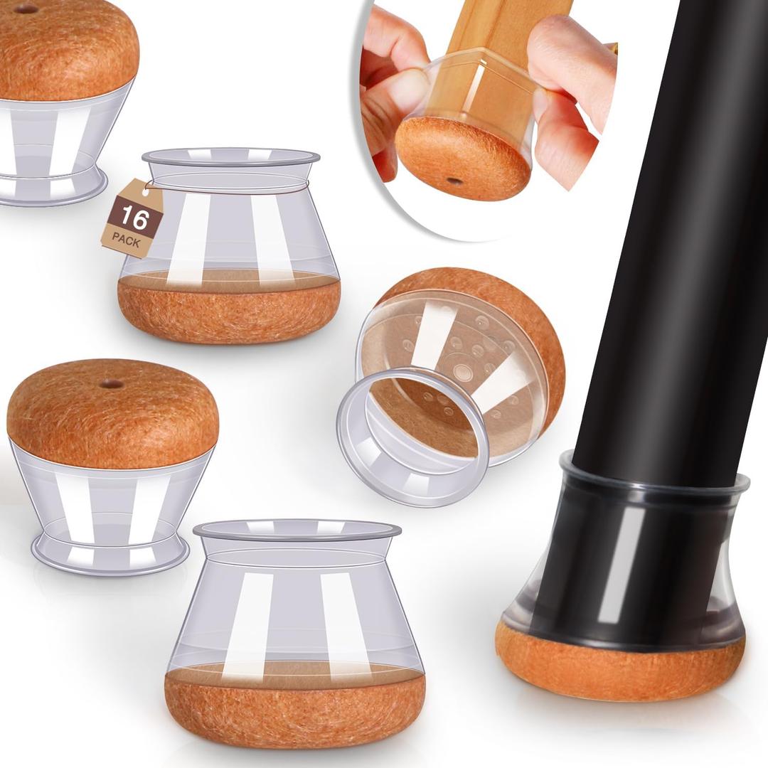 16 Pack Chair Leg Floor Protectors Chair Leg Protectors for Hardwood Floors Felt Silicone Caps Strengthen Bottom Protection Non Slip Reduce Noise Clear Round Large Fit 1-1/8" ~ 1-9/16" (27~40mm)