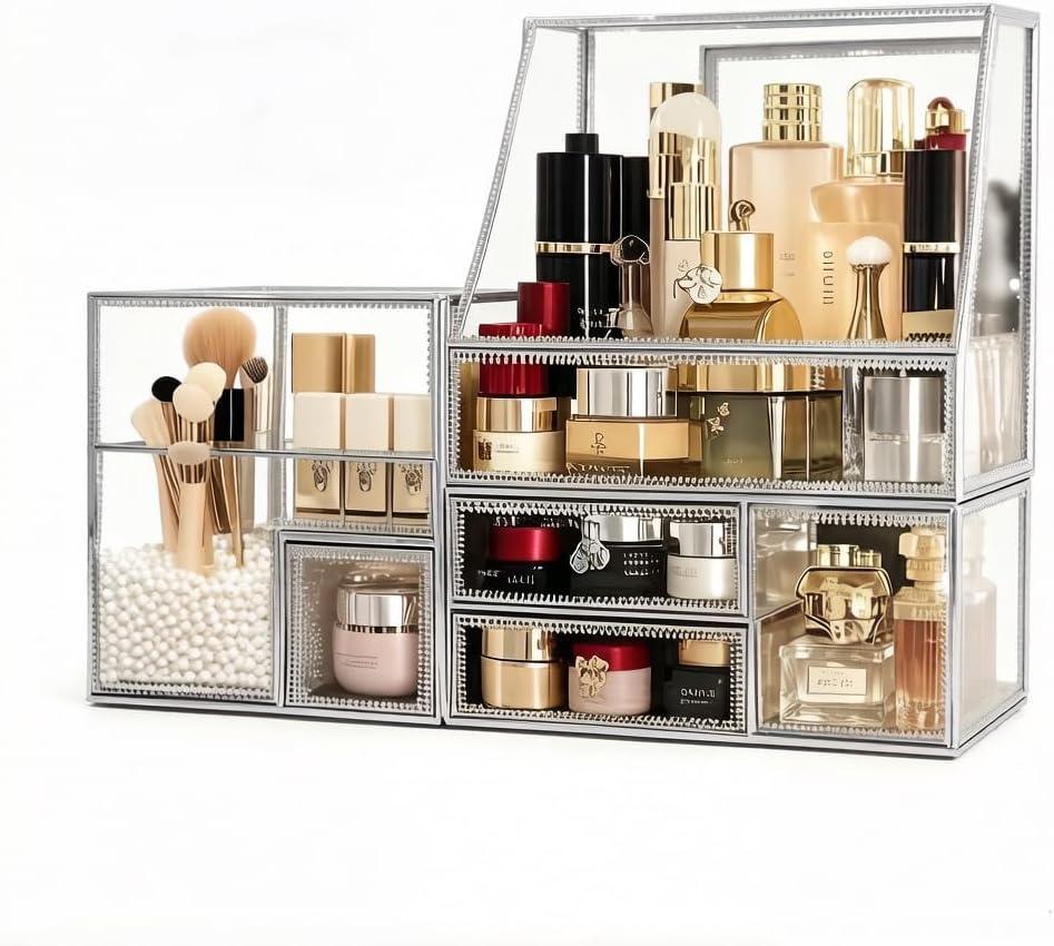 Glass Makeup Organizer for Vanity/Stackable 2Pieces Drawer Set/Antique Countertop Vanity Cosmetic Storage Box Mirror Glass Beauty Display, Holder for Brushes Lipsticks Skincare Toner (Silver)