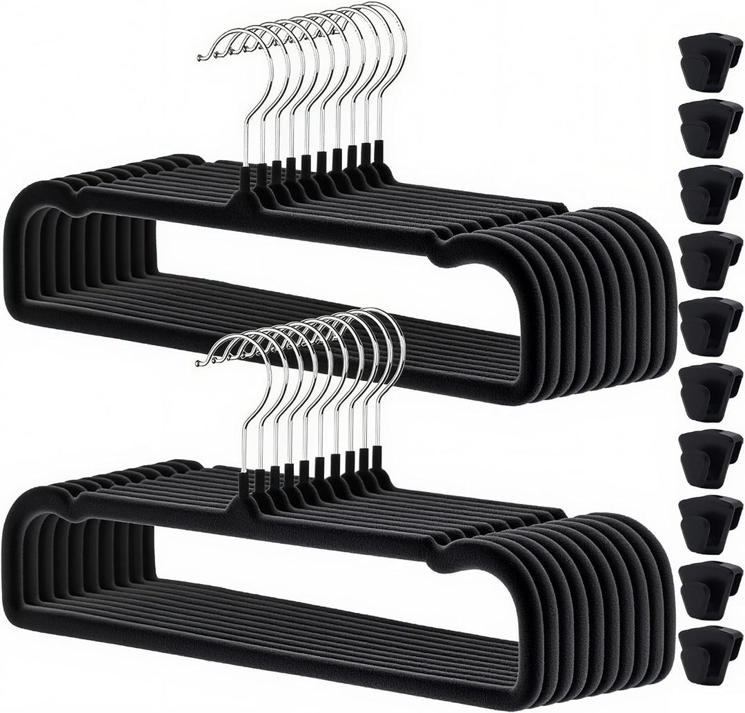 Velvet Pants Hangers 20 Pack,Premium Non Slip Velvet Hangers,Thin Space Saving Slim Clothes Hangers with 360 Swivel Hook,13.77inch (Black)