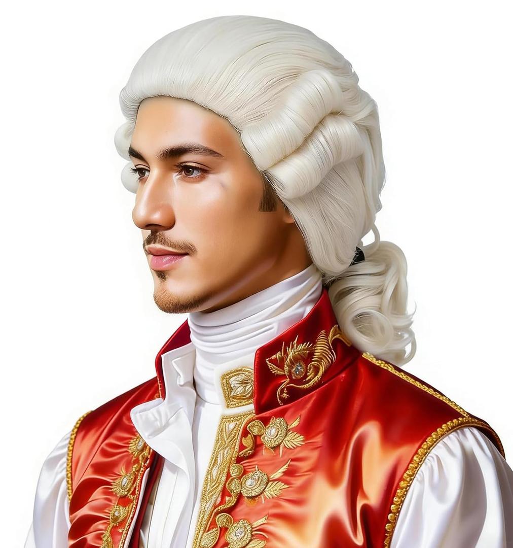 Men's Colonial Wig -18th Century Judge & George Washington Cosplay Wig with Curly Ponytail for Halloween, Lawyer Costume, Historical Reenactment (Beige)