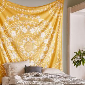 Simpkeely Sketched Floral Medallion Yellow Tapestry, Bohemian Mandala Wall Hanging Tapestries, Indian Art Print Mural for Bedroom Living Room Dorm Home Dcor 59.1 x 59.1 Inches (Yellow)