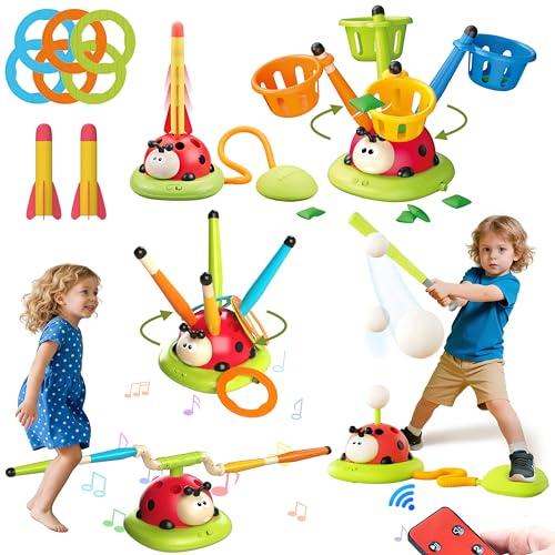 5 in 1 Musical Jump, Bean Bag Toss Ring Game, Baseball Toys and Stomping Launch Rocket Launcher for Kids Remote Control Indoor Outdoor Sports Toys for Kids Ages 4-8 3-5 Birthday Easter Gifts