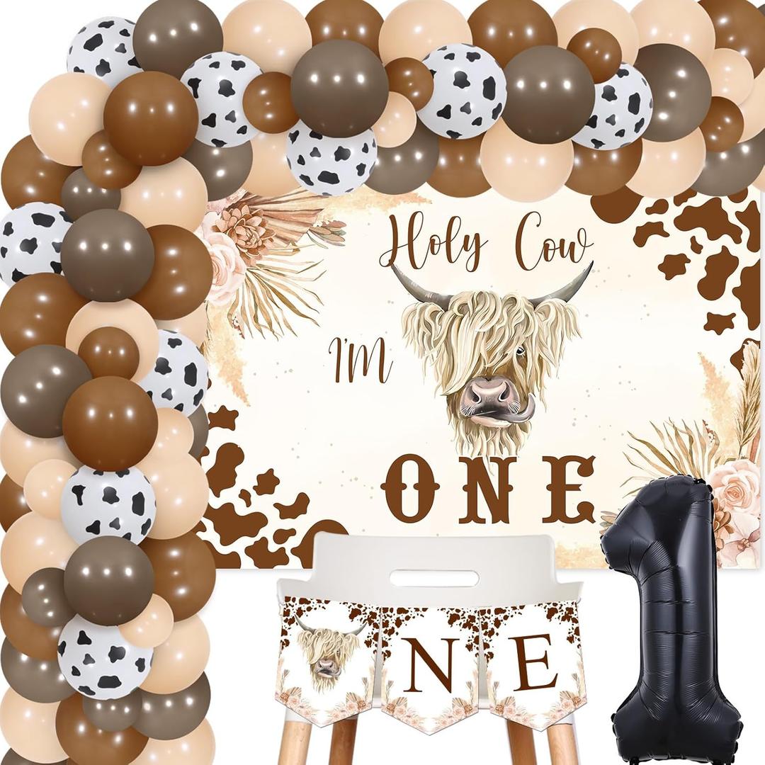 JOYMEMO Brown Highland Cow 1st Birthday Decorations Boy Girl, Holy Cow I'M One Birthday Decor - Balloons Garland Arch Kit with Cowboy One Highchair Banner, Highland Cattle Farm Theme Party Supplies
