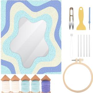 Tkifoda Punch Needle Mirror Kit,Needle Kit for Adults Beginners with Adhesive Felt Yarns Embroidery Hoop Instruction DIY Needle Punch Craft for Christmas Birthday Gifts