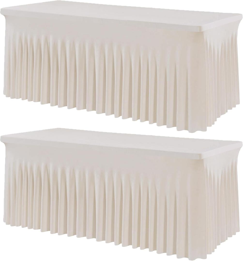 2 Pack Spandex Ivory Table Clothes for 6 Foot Rectangle Tables, 6FT Stretchy Tablecloths Fitted Table Cover Desk Skirt for Parties Weddings Birthday Banquet Baby Shower