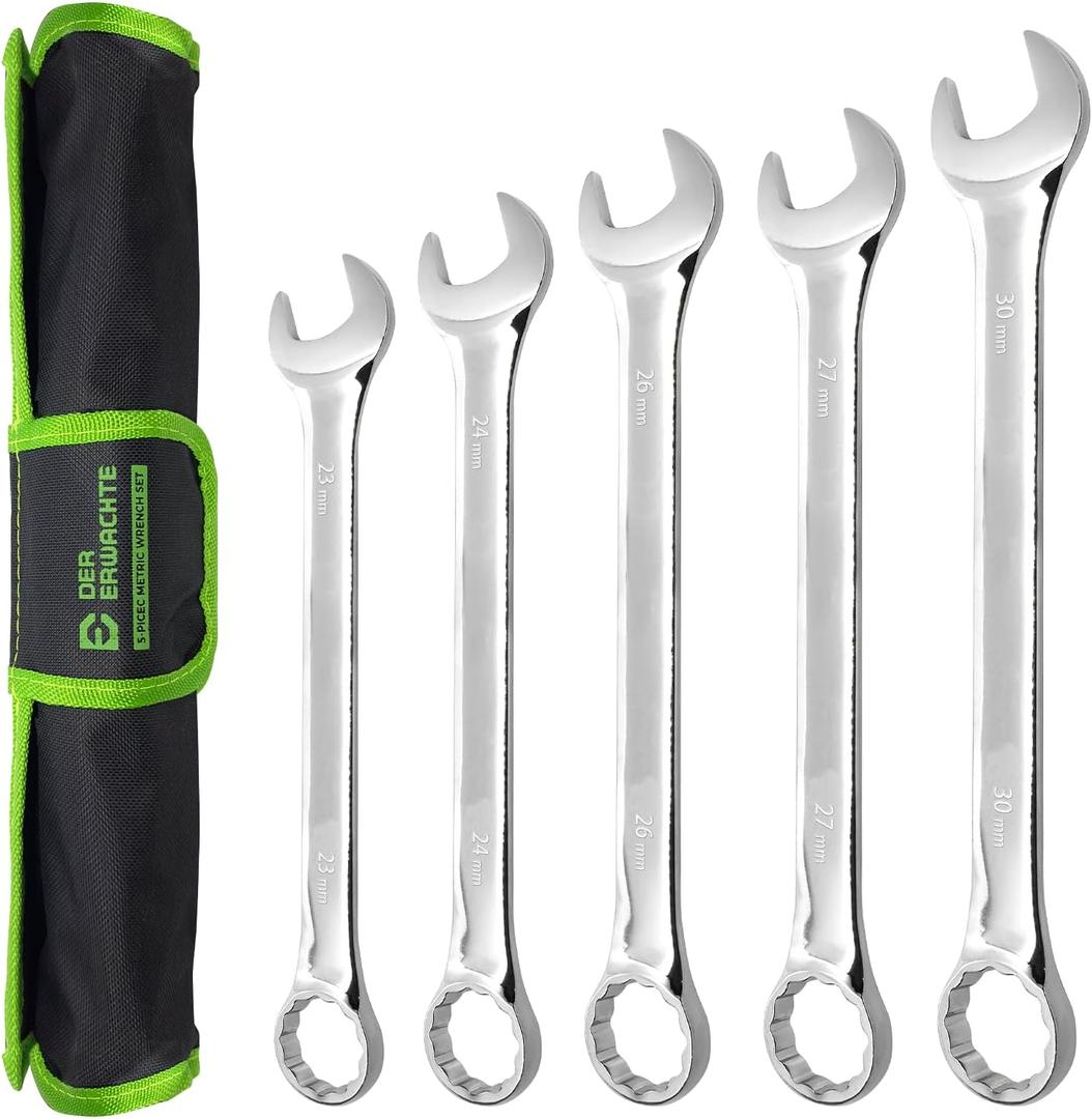 Der Erwachte Large Wrench Set with Rolling Pouch, Metric, 5-Piece, 23mm, 24mm, 26mm, 27mm, 30mm, 12 Point, Chrome Vanadium Steel