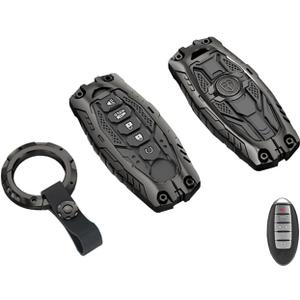 Heavy Duty Key Fob Cover for Nissan Altima Armada Maxima Murano Pathfinder Rogue Titan Armada Altima Versa Sentra Zinc Alloy Keyless Entry Key Fob Case Protector with Keychain (Black)