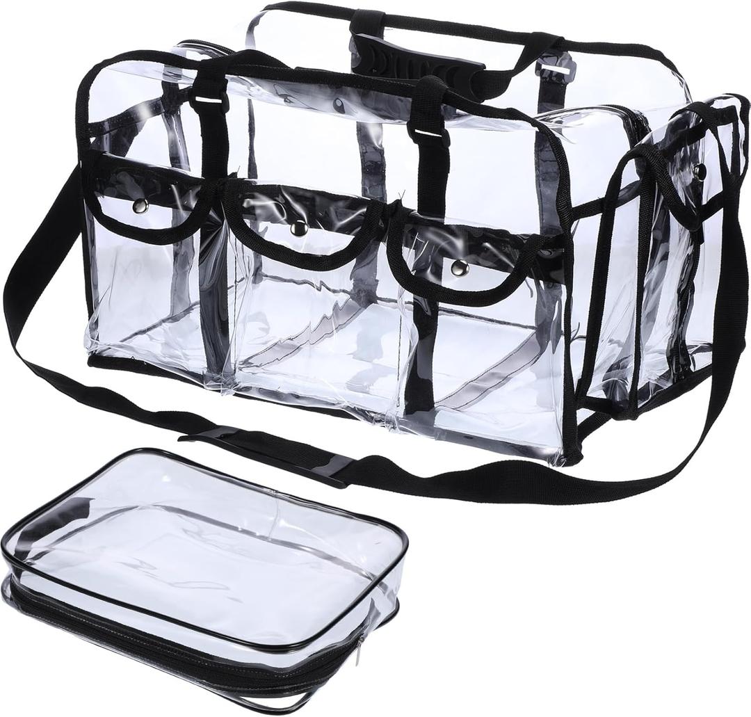 Abbylike 2 Pcs Large Professional Clear PVC Travel Makeup Bag with 4 External Pockets and Shoulder Strap Zippered Toiletry Bags for Women(Black)