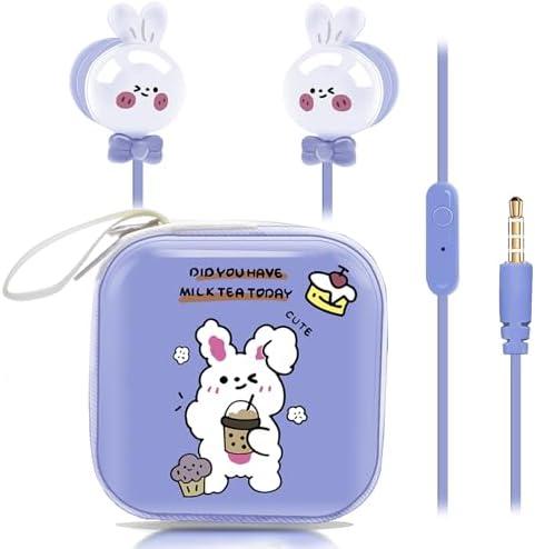 DTMNEP Cute Rabbit Kids Earbuds, Wired Earphones & In-Ear Headphones with Microphone and Storage Case - Gifts for School Girls and Boys (Blue)