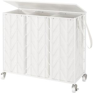 WOWLIVE Laundry Basket with Wheels, 142L Laundry Hamper 3 Section with Lid, Dirty Clothes Hamper with Removable Bags, Large Capacity Iron-Made Laundry Basket Organizer Laundry Sorter for Dorm, White