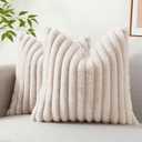 decorUhome Faux Fur Throw Pillow Covers 20x20 Set of 2, Decorative Soft Plush Striped Neutral Couch Pillow Covers with Velvet Back for Sofa, Bed, Living Room Home Decor, Beige