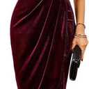 Off The Shoulder Vintage Velvet Bodycon Midi Dress for Women Wrap Slit Elegant Cocktail Party Evening Pencil Dress (Large, Burgundy)