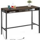 VASAGLE Bar Table with Power Outlets, 47.2 Inches Long Bar Height Pub Table, Rectangular High Top, with Movable Drawer, 2 Hooks, Narrow Storage for Kitchen, Dining, Entryway, Ash Brown