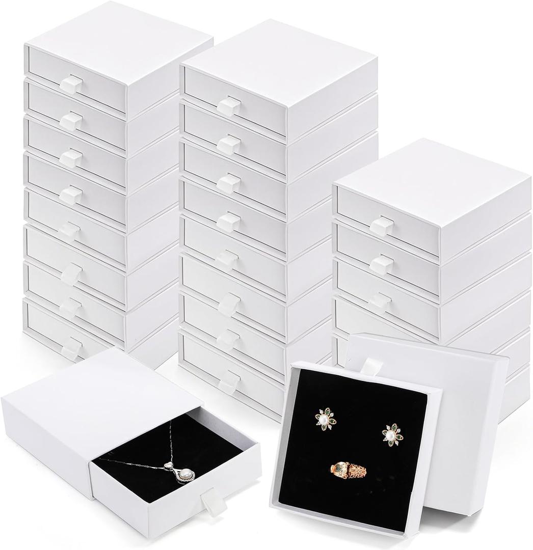WRINGKIT 24 Pack White Cardboard Jewelry Gift Boxes Bulk, Square Jewelry Gift Boxes 3.5x3.5x1.2 Inch, Jewelries Packing Box with Lids Foam Cushion for Necklace Earring Bracelet Ring Display Storage