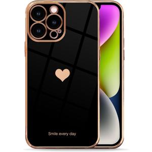 for iPhone 14 Pro Max Case - Cute Love Heart Luxury Plating, Soft Bling Back Cover, Raised Full Camera Protection, Bumper Silicone Shockproof Phone Case for Women Girls (Black)