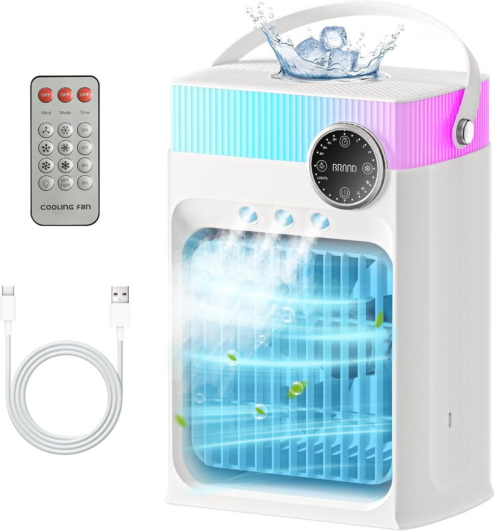 Portable Air Conditioners, Mini AC Unit Cooling Fan for Bedroom,1200ML Small Air Cooler Fans with Remote, 3 Mist,3 Speed,8 Light,2-8H Timer Personal AC Portable for Office Camping Car Desk (White)