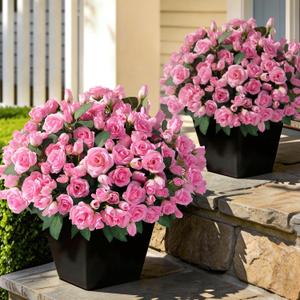 16 Bundles Artificial Roses for Front Door Outdoor Decor, Realistic Fake Silk Bouquets Flowers Faux UV Resistant Real Looking Rose Plants for Garden Balcony Farmhouse Home Spring Summer Decor (Pink)