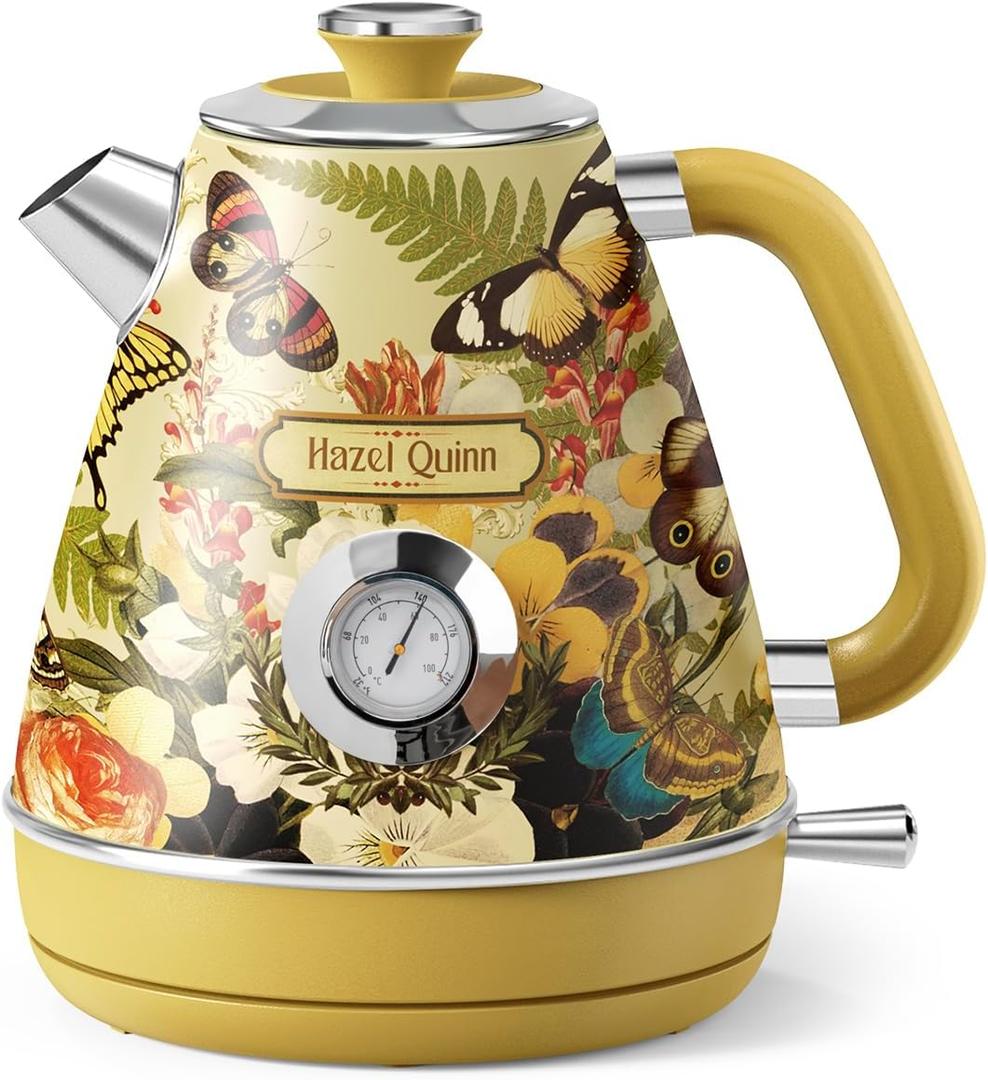 Hazel Quinn Retro Electric Kettle - 1.7L, 1200W Fast Boiling, All Stainless Steel Interior, Cordless, BPA-Free, Auto Shut-Off, Thermometer for Tea & Coffee - Floral Design by Artist Eduardo Recife (Floral Painted Design)