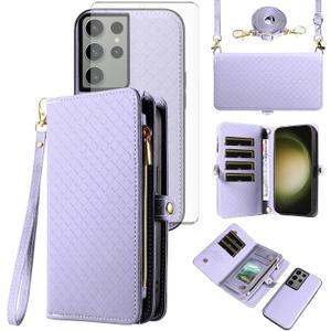 Asuwish Phone Case for Samsung Galaxy S23 Ultra 5G Zipper Wallet Detachable Cell Cover with Tempered Glass Screen Protector Strap Flip Card Holder Slot S23Ultra 23S S 23 23Ultra 6.8 inch Women Purple