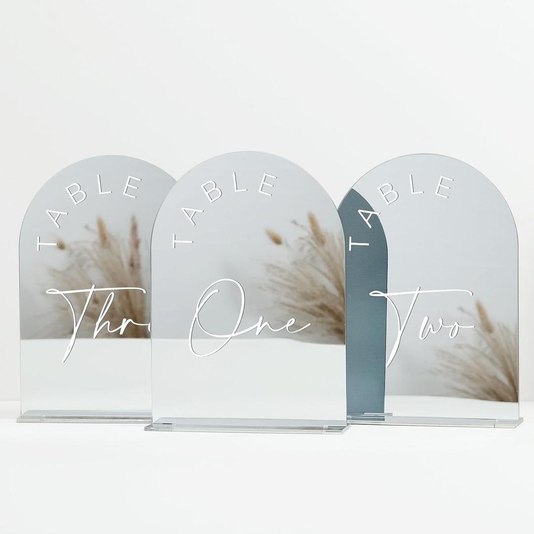 Sliver Arch Wedding Table Numbers 1-10 with Stands, 5x7 Inch Acrylic Arch Sign with White Lettering, Sliver Mirror Acrylic Table Numbers for Wedding Reception