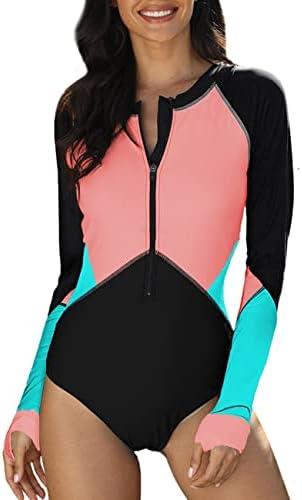 SELINK Women's Long Sleeve Rash Guard UV Protection Zipper Printed Surfing One Piece Swimsuit Bathing Suit, XXL