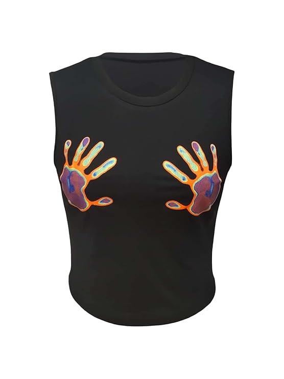 Milumia Women's Casual Hand Print Sleeveless Round Neck Summer Crop Tank Tops Black Top XS 