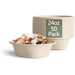 Homestockplus [50 Pack] 24 Oz Disposable Paper Bowls  Heavy Duty Disposable Bowls  Made from Natural Bagasse for Cereal, Rice, French Fries  Convenient and Compostable
