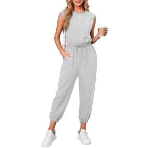 Flygo Women's Sleeveless Cropped Jumpsuit with Side Pockets | Stretchy Cotton Blend Fabric, Open Back Snap Design, Drawstring Waist, Jogger Pants with Pockets, Casual Daily Wear S