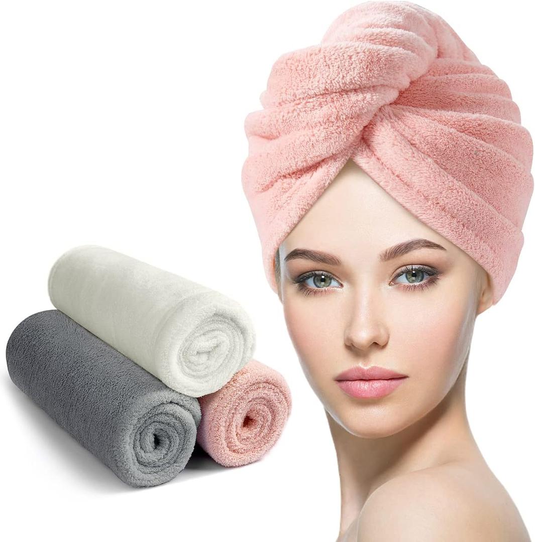 YFONG 3 Pack Microfiber Hair Towel Wrap for Women Girls, Super Absorbent Turban Towels for Drying Wet Hair, Anti Frizz Head Towels for Curly All Hair Style, Turbie Twist (Pink,White, Gray)