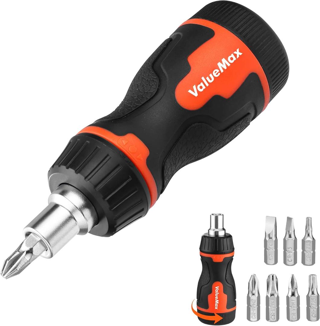 ValueMax 8-in-1 Stubby Ratcheting Screwdriver, Multi-bit Screwdriver, Quick-load Mechanism, Adjustable Magnetic Tool with Phillips, Slotted, Torx Screw Driver Bits and 1/4" Nut Driver
