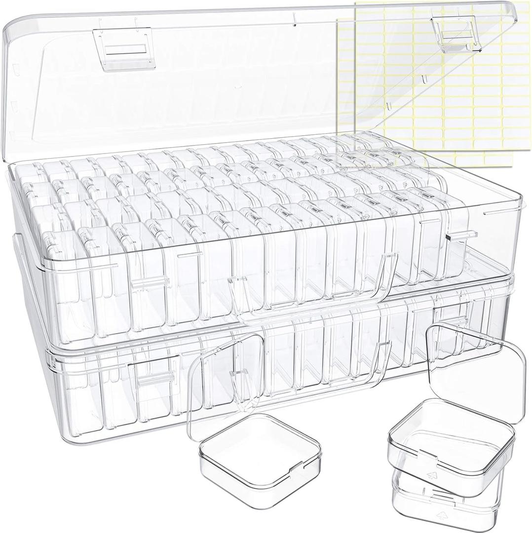 Bead Organizer Box, 120 Pack Small Clear Storage Boxes with Labels, Large Travel Craft Case with Handle, Mini Plastic Containers for Jewelry Making Diamonds DIY Pony Bracelet Screws Seeds Small Parts
