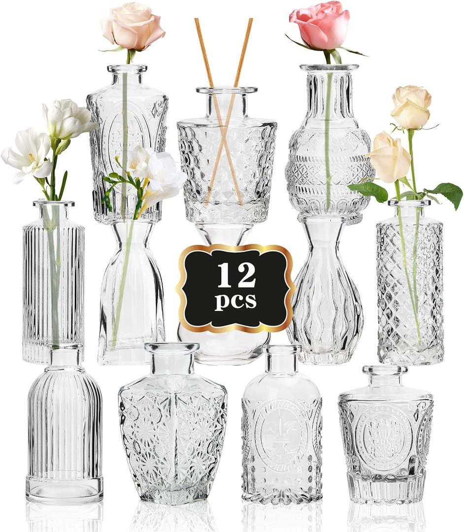 RUCKAE Small Clear Bud Vases Bulk 12 Pack Mini Flower Glass Vases for Centerpiece Table Wedding Decorations Home Decor Party(Transparent)