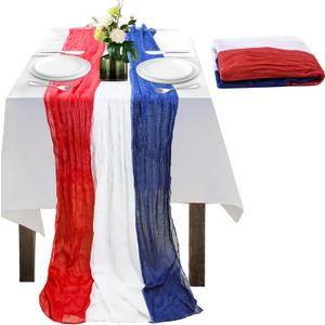 4th of July Cheesecloth Table Runner, Vintage Red White and Blue Table Runner for Memorial Day Labor Day Independence Day Veterans Day Patriotic Party Decoration for Dining Room Indoor Outdoor 118Inch (120X35Inch)