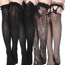 3 Pairs Women Lace Thigh High Stockings with Bow Fishnet Knee High Socks for Halloween Chirstmas