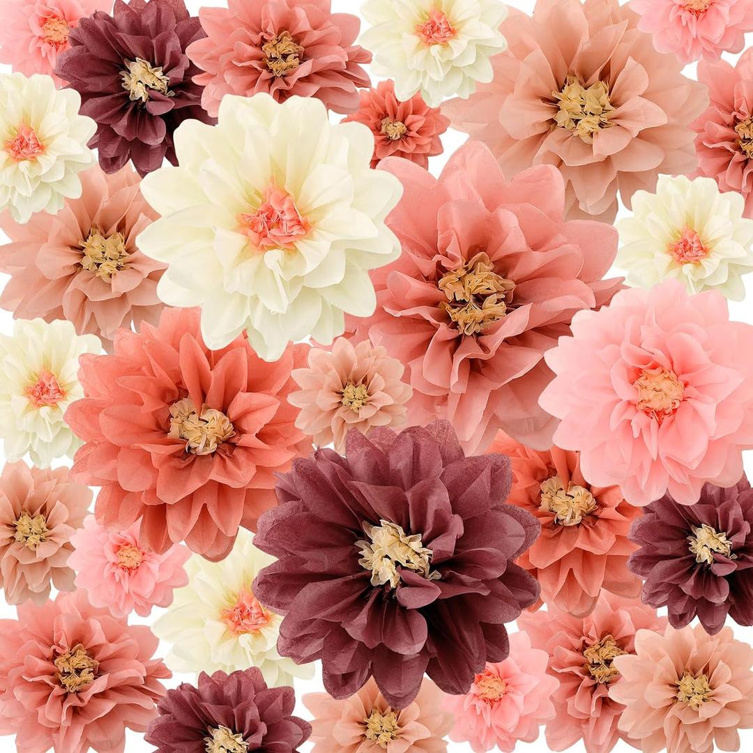Geyee 18 Pcs Mexican Paper Flowers Colorful Fiesta Tissue Paper Flowers Pom Poms Mexican Carnival for Floral Party Backdrop Wedding Birthday Party Craft, 6" 8" 10"(Vintage Color)