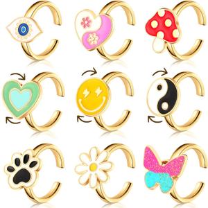 9 Pieces Fidget Anxiety Rotatable Open Ring Set Cute Spinner Rings for Anxiety Stackable Rotating Calming Worry Adjustable for Women Ladies Mood Relieve Stress