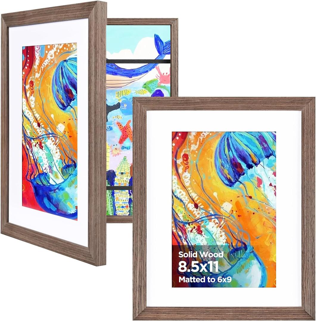 KINLINK 8.5x11 Kids Art Frame 2 Pack, Solid Wood Artwork Frames Changeable, Front Opening Hold 150 Pictures, Art Frames for Kids Artwork, 6x9 with Mat 8.5x11 without Mat, Picture Frames Brown Wood