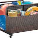 YITAHOME Outdoor Wicker Patio Poolside Float Storage, PE Rattan Rolling Pool Float Caddy for cushions, Floaties, Noodles, Life Vests, Beach Balls, Toys, Patio Furniture (Brown)
