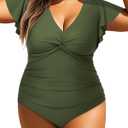 Aqua Eve Plus Size One Piece Swimsuit with Sleeve Tummy Control Bathing Suit Ruffle Vintage Swimwear (Army Green), Size: 16W