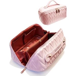 Travel Makeup Bag for Women, Large Capacity Cosmetic Bags for Girls, Compact Pouch Make up Organizer, Waterproof Toiletry Bag with Divider and Handle (Pink) (EXP 12/31/36)
