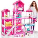 Pink Villa Playset for Girls Ages 3-7, 4-Story 10-Room House with 2 Dolls, Furniture & Accessories, Pretend Play Toddler Toy, Birthday Gifts for Kids 3-8