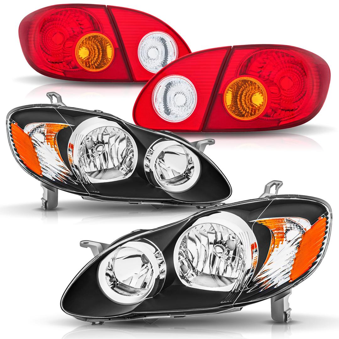 Headlights and Tail Lights Assembly Combo for 2003-2008 Toyota Corolla Head/OE Factory Style Red Outer and Inner Taillights Rear Brake Lamps Replacement,Black Housing Amber Reflector with Chrome Trim