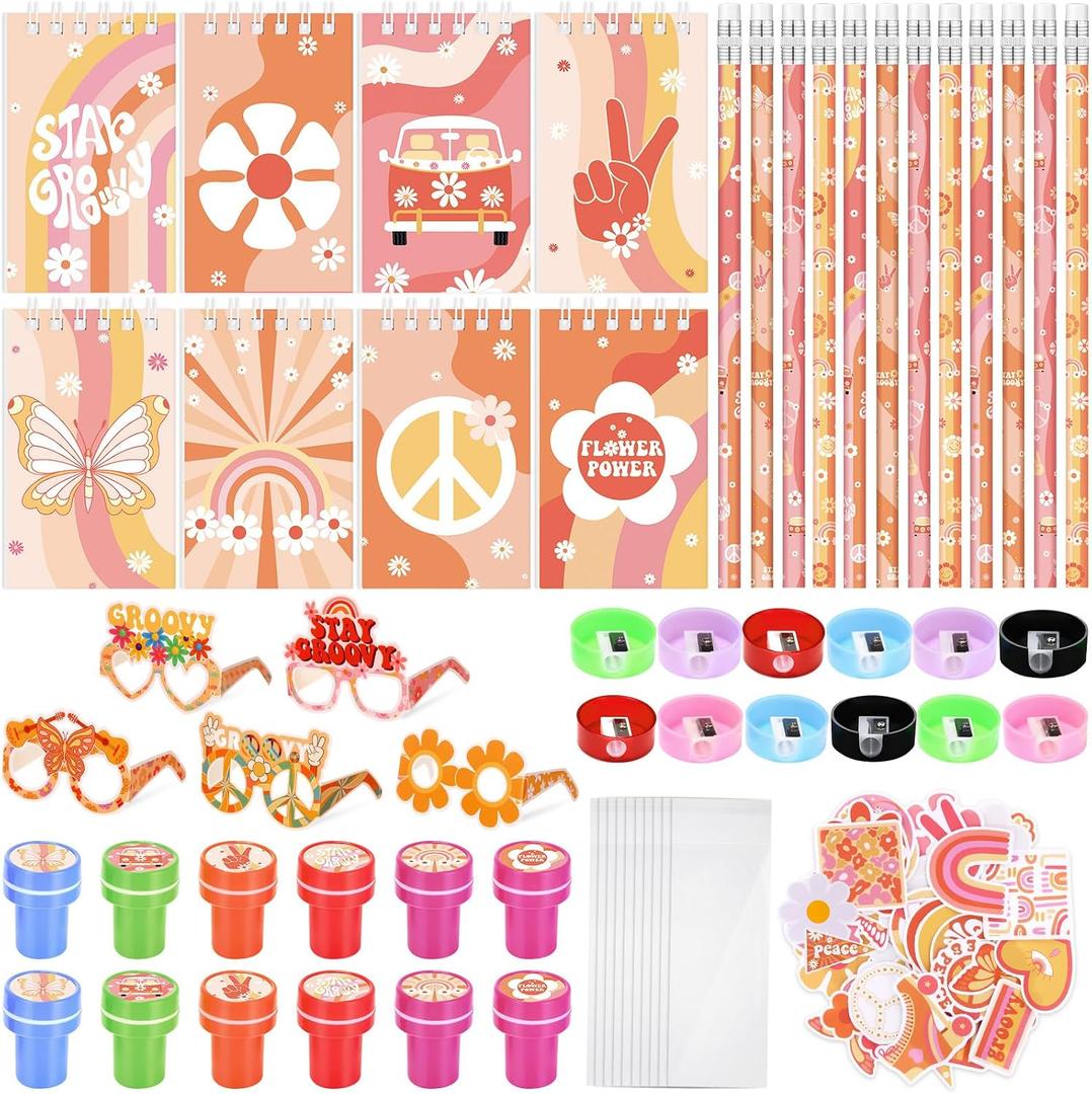 Honoson 122 Pcs Groovy Party Favors Retro Hippie Birthday Gifts Set Supplies Boho Notepad Pencil Stamp Sharpener Glasses Sticker Bags for Kids Classroom Baby Shower Prizes Rewards Supplies