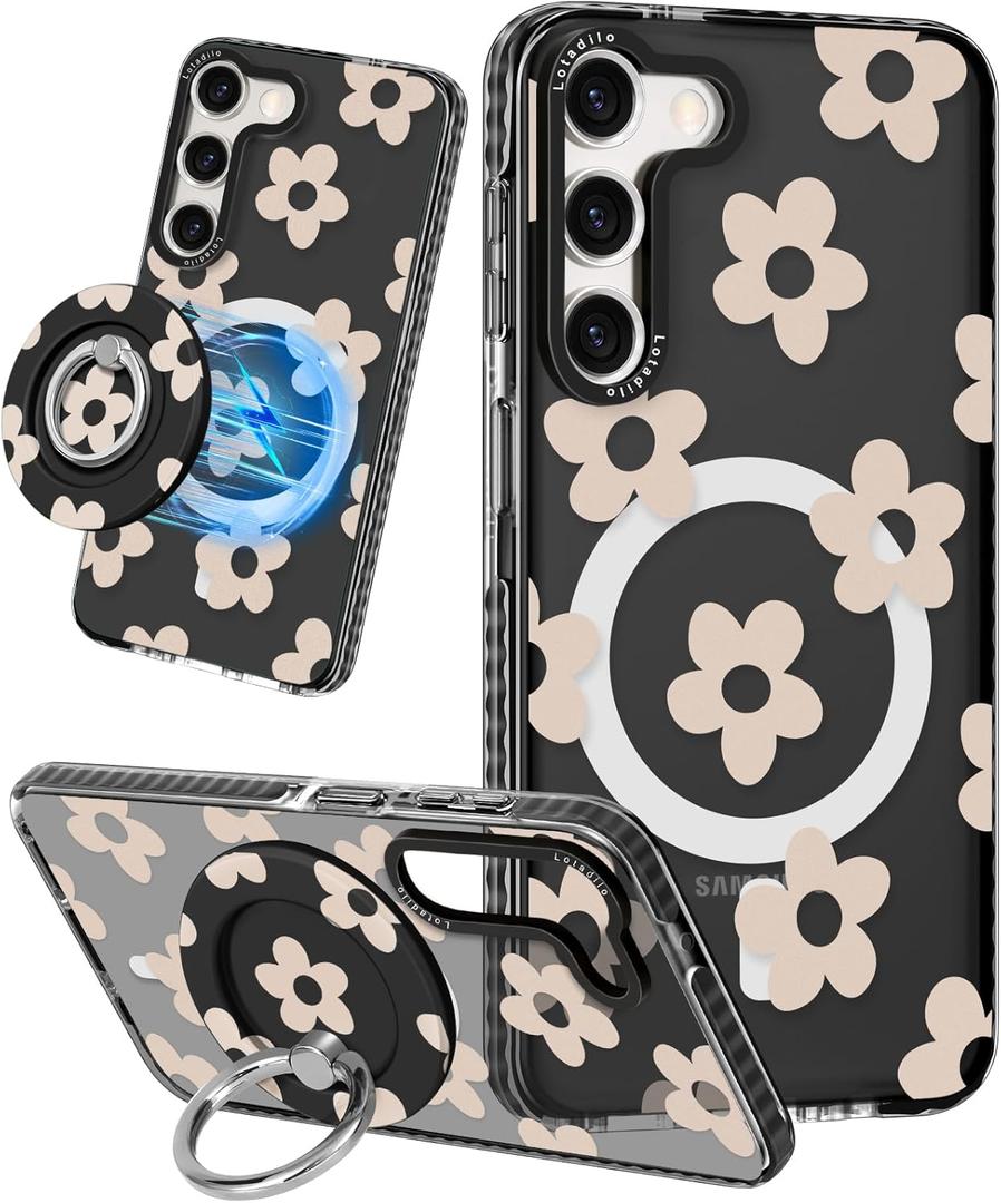 for Samsung Galaxy S23 Case for Women - Girls Cute Design Compatible with Magsafe Magnetic Ring Holder Stand Flowers Phone Covers Aesthetic Girly TPU Funda for S23